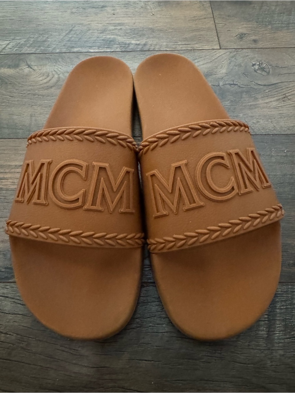 MCM Mens Cognac Big Logo Slide Sandals US 12/EU 45 Made in Italy